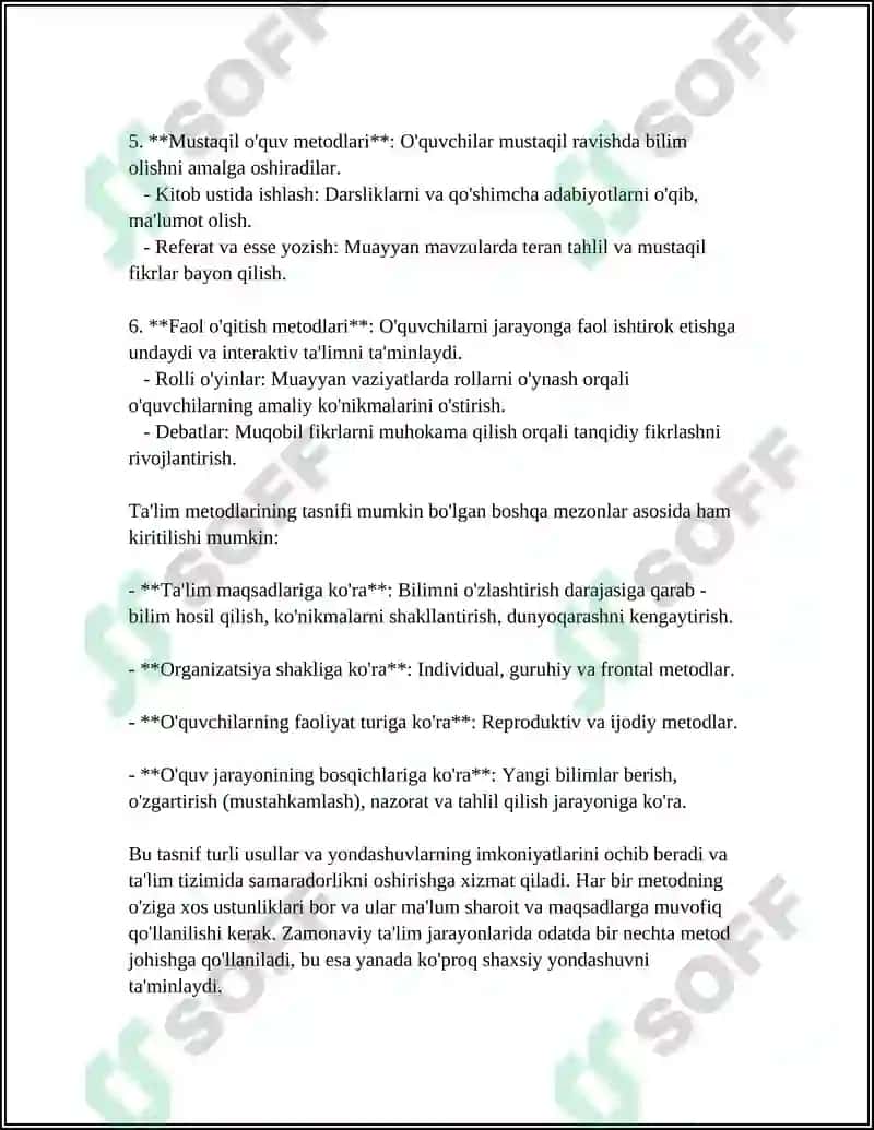 TA'LIM METODLARI VA VOSITALARI. TA'LIMNI TASHKIL ETISH SHAKLLARI VA TURLARI 4