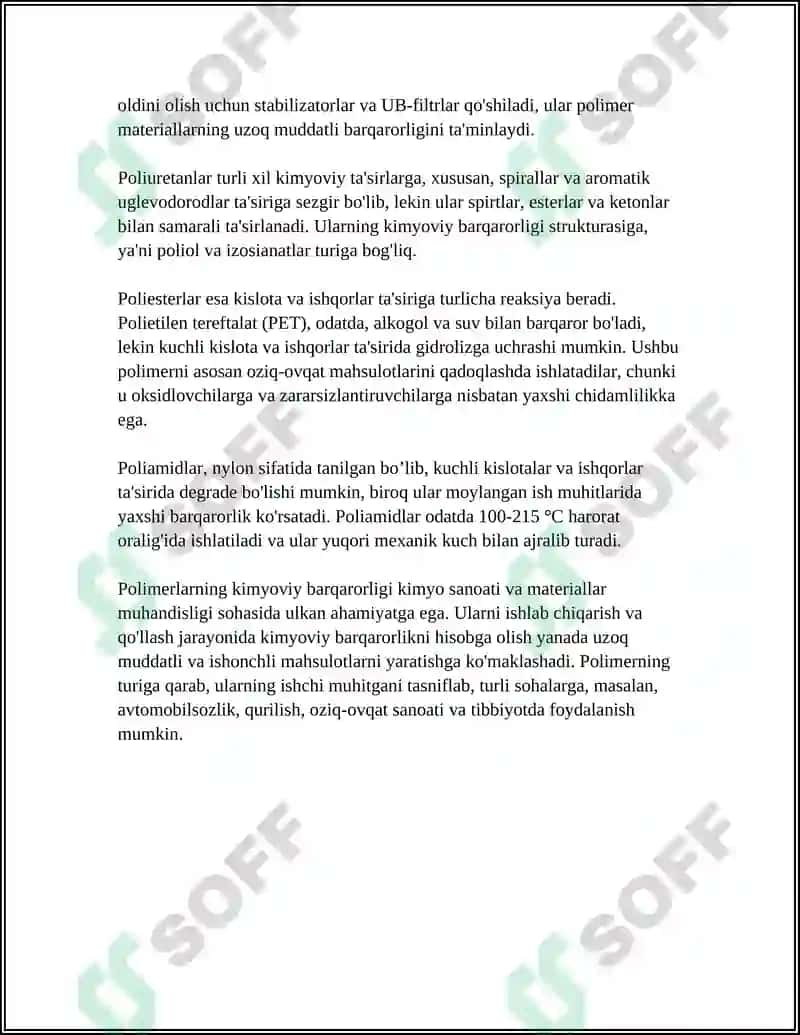 POLIMERLARNING KIMYOVIY BARQARORLIGI, ESKIRISHI VA DESTRUKSIYASI 4