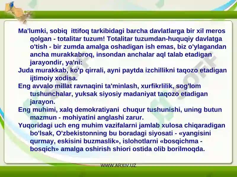 Mustaqillik yillarida o’zbekistonda iqtisodiy va madaniy taraqqiyot 4