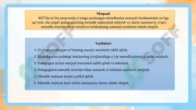 Metodik mahorat kuni: Bolalar bog‘chasi. Bolalarni rivojlantirishda o‘yinga asoslangan ta’limdan foydalanishga doir pedagoglarni resurslar bilan ta’minlash usullari 4