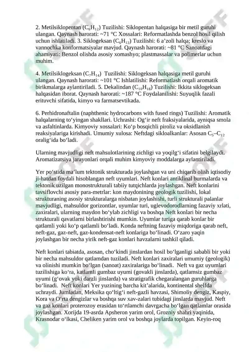 Neft tarkibidagi sikloalkanlar (naftenlar). sikloalkanlarning xossalari 4