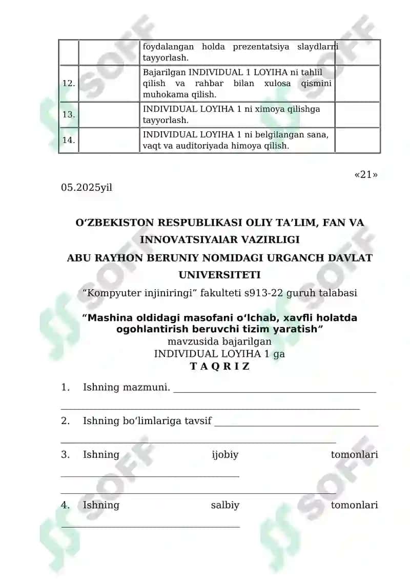 Individual loyiha Mashina oldidagi masofani o‘lchab, xavfli holatda ogohlantirish beruvchi tizim yaratish 4