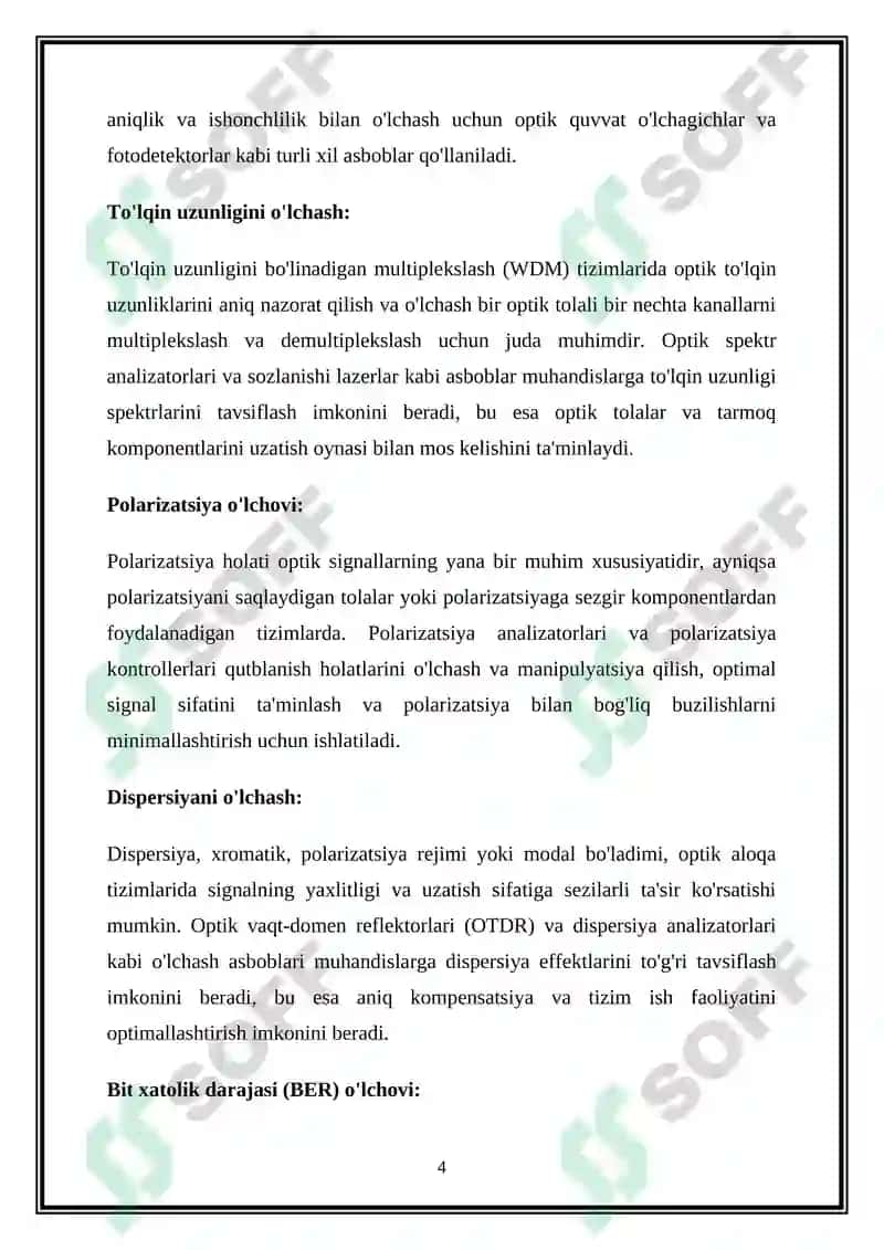 Optik aloqa tizimlari va tarmoqlarda oʻlchash usullari va vositalari 4