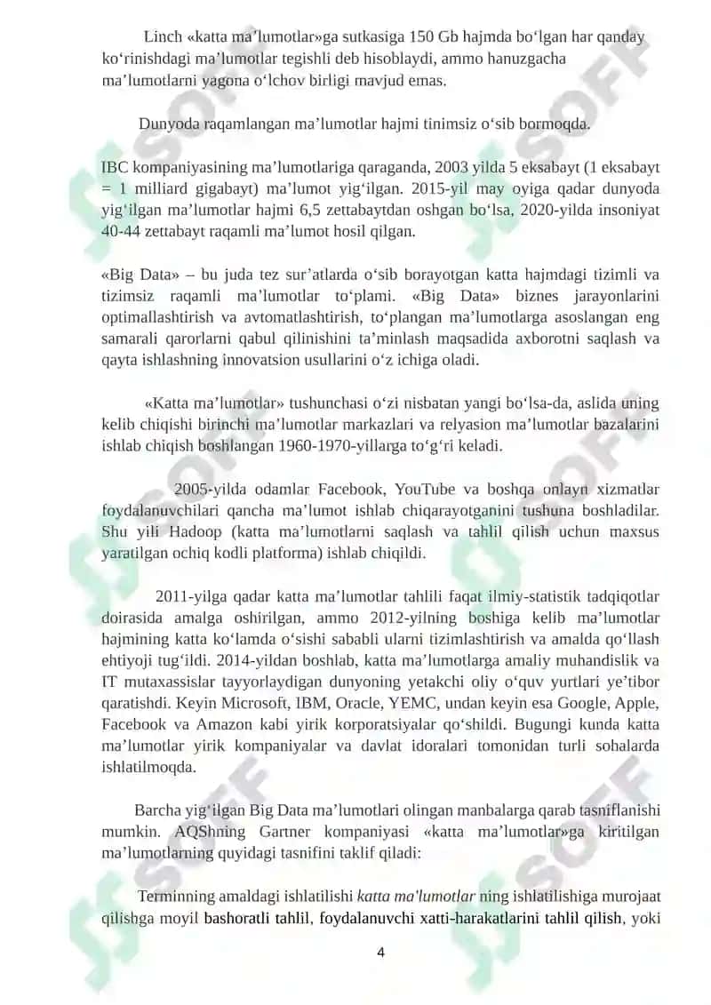 Katta ma’lumotlar (Big Data) va ularni qayta ishlash usullari. 4