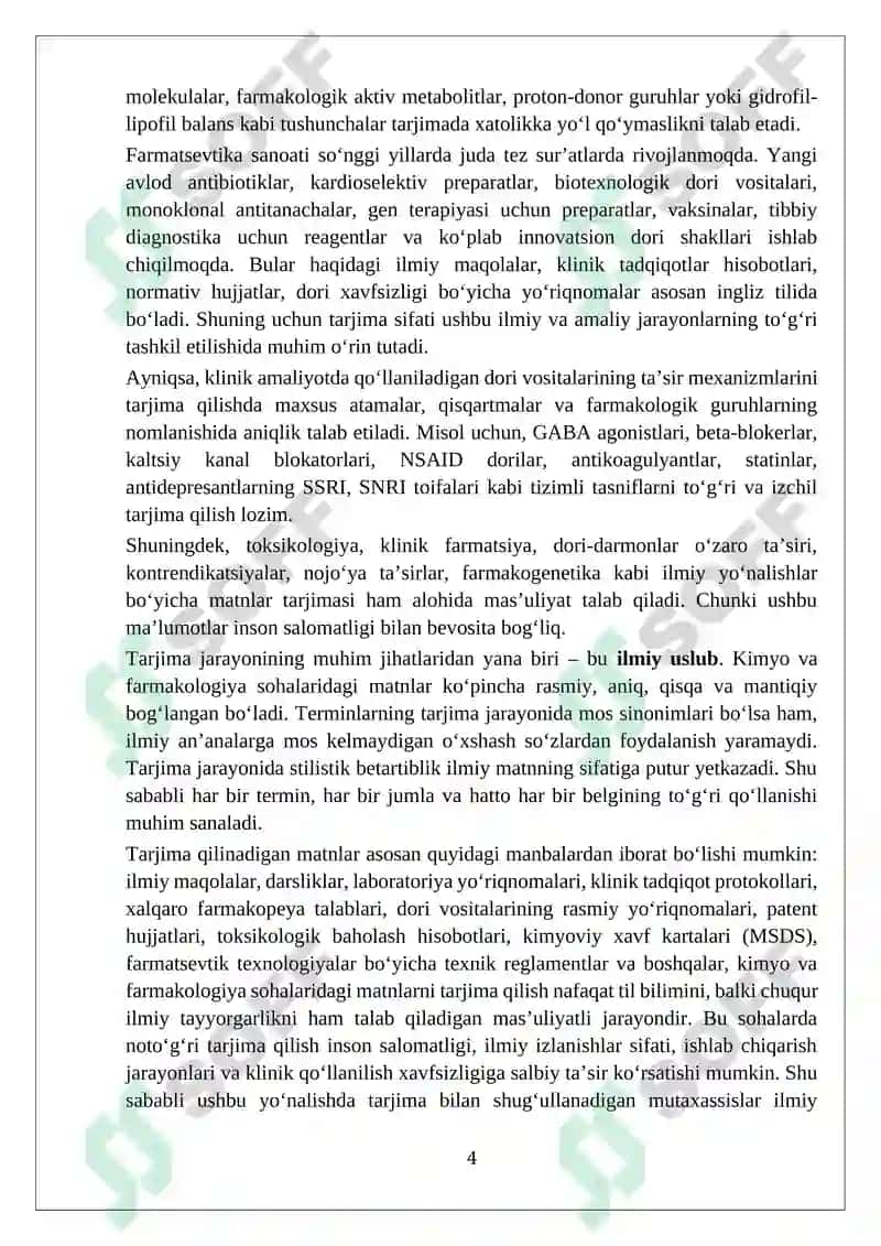 Kimyo va formakologiya sohalariga oid matnlar tarjimasi 4