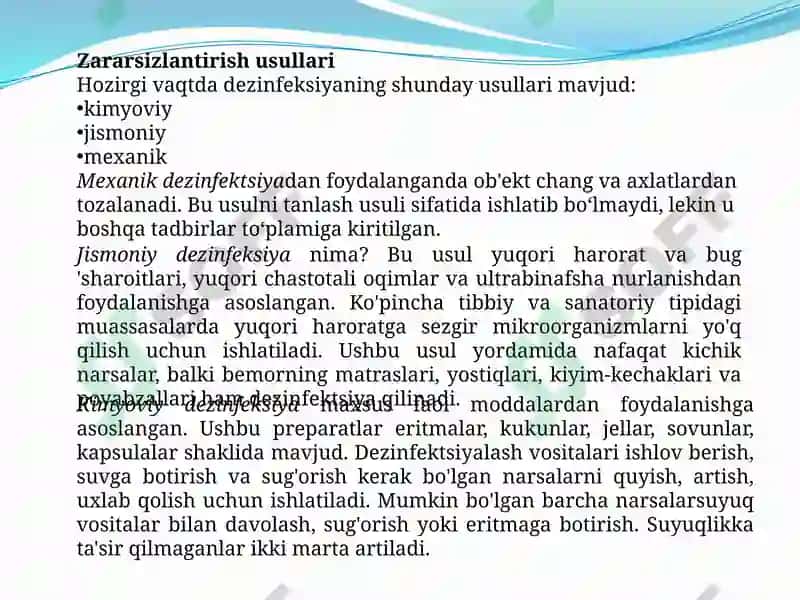 Dizenfeksiya uchun ishlatiladigan asosiy kimyoviy vosidalar 4