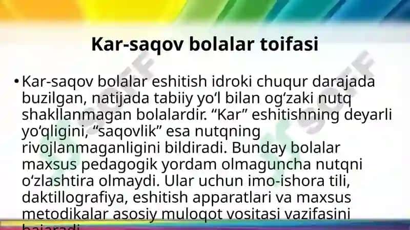 Kar-saqovlik. Kar-saqov bolalar rivojlanishining psixofiziologik xususiyatlari 4