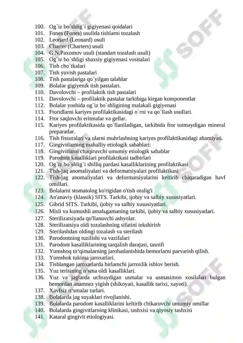 Stomatologiya ishi mutaxassisligi boʼyicha shakllantirilgan ogʼzaki savollar roʼyxati 4