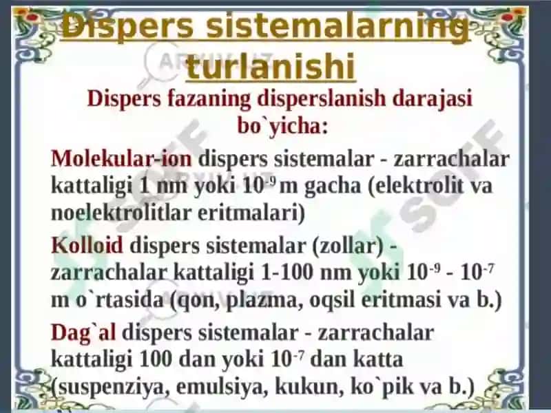 Dagʻal dispers sistemalarning xossalari va ularni tibbiyot va tibbiy proflaktika sohasida ishlatilishi 4