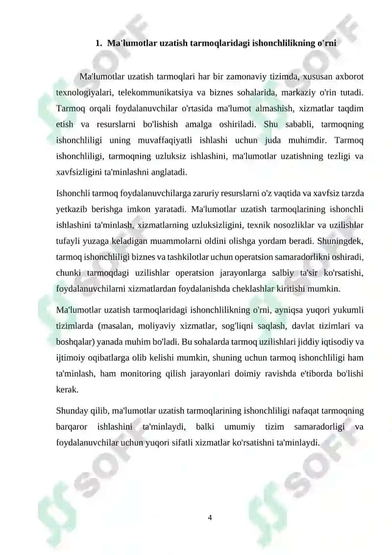 Ma’lumotlar uzatish tarmoqlarining ishonchlilik ko`rsatkichlariga talablar va ularni oshirish usullari. Ma’lumotlar uzatish tarmoqlarida monitoring usullari va protokollari 4