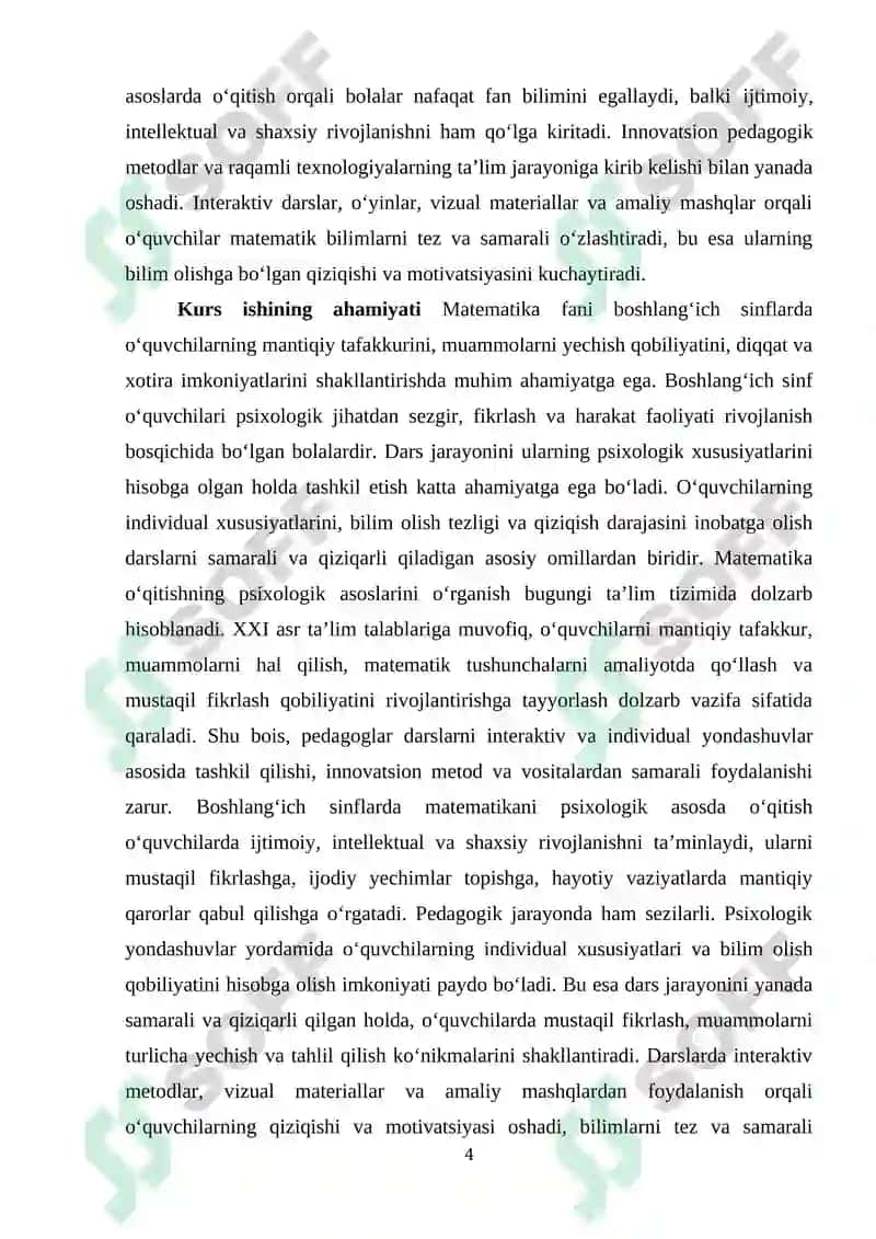 Matеmatika oqitishning psiхоlоgik asоslarini organish mеtоdikasi bоshlang`ich sinflarda 4