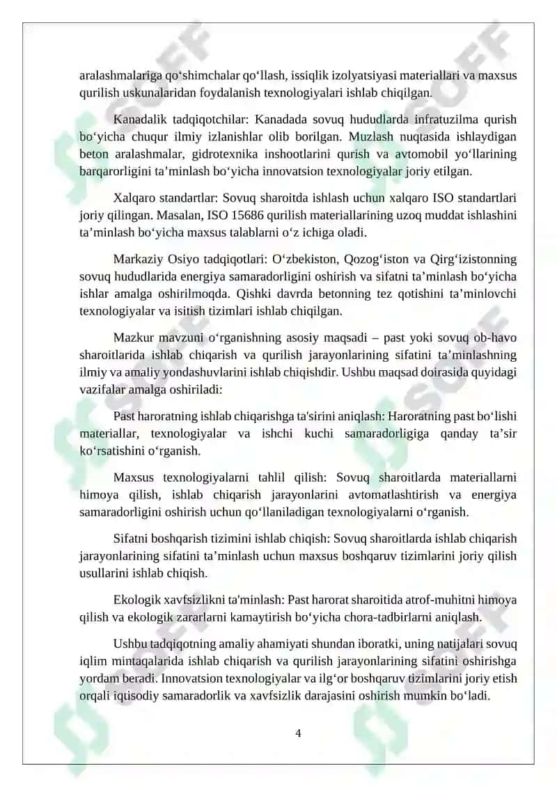 Past yoki sovuq ob-havo sharoitlarda ishlab chiqarish sifatini ta'minlashning oʻziga xos xususiyatlari; 4