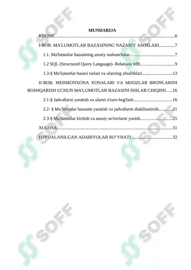 Mehmonxona xonalari va mijozlar bronlarini boshqarish uchun ma'lumotlar bazasini yaratish 4