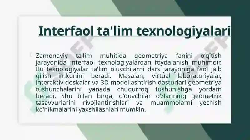Geometriya fanini oʻqitishda ta’lim oluvchilarni faolligini oshirishda innovatsion texnologiyalardan foydalanib darslarni tashkil etish. 4
