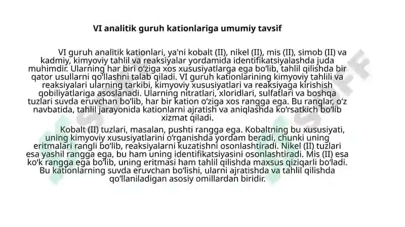 VI analitik guruh kationlarining umumiy tavsifi va guruh reagent ta’siri 4