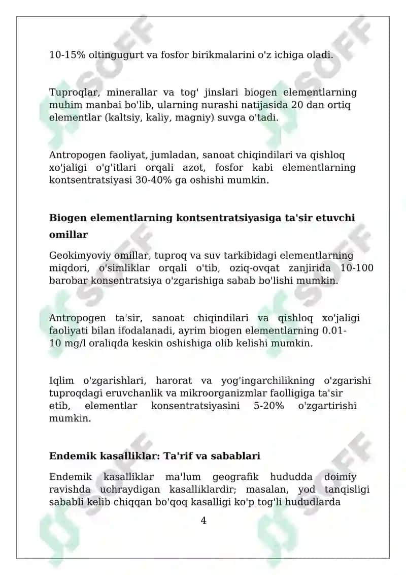 Biogen elementlar kimyosi. Konsentratsiya o'zgarishi bog'liq bo'lgan endemik va kasb kasalliklari 4