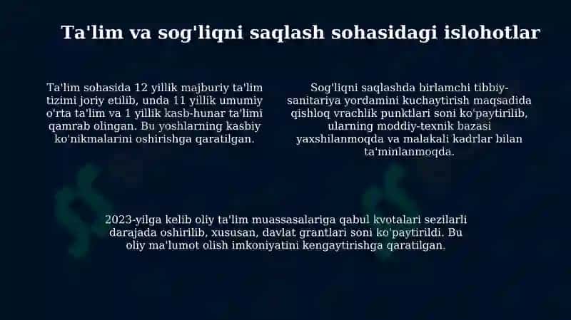 O’zbekistonda ijtimoiy sohada amalga oshirilayotgan o’zgarishlar mazmun mohiyati 4