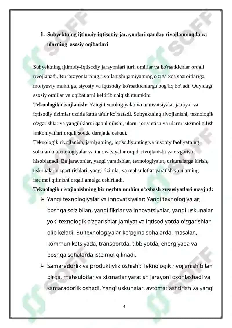 Subyektning ijtimoiy-iqtisodiy jarayonlari, iqtisodiy salohiyati, samaradorligi, omillari va koʻrsatkichlari tizimi REFERAT ISHI 4
