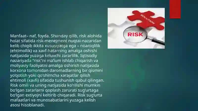 Risk xaqida tushuncha korxonalarda risklilik darajasi 4