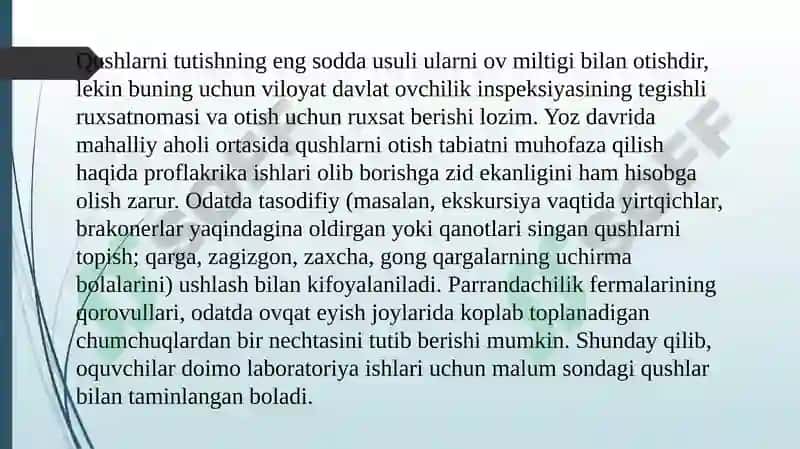 Qushlar sinfining turli sistematik guruhlaridan preparat tayyorlash. 4
