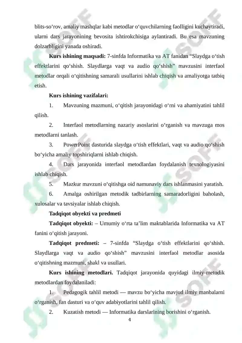 Umumiy orta talim maktablarining 7-sinfida Informatika va AT fanidan “Slaydga o‘tish effektlarini qo‘shish. Slaydlarga vaqt va audio qo‘shish” mavzusini o‘qitishda interfaol metodlardan foydalanish 4
