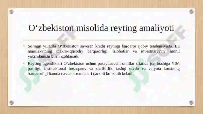 Moliyaviy holatni reyting baholash bo‘yicha xalqaro tajribalar va ulardan mamlakatimiz tahlil amaliyotida foydalanish imkoniyatlari. 4