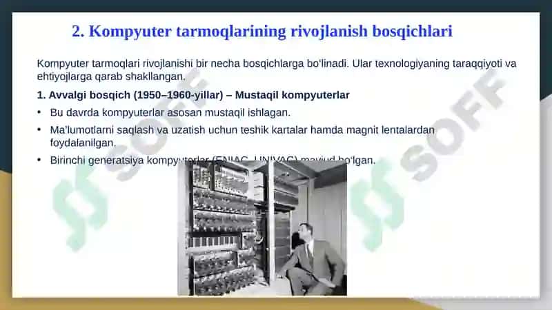 Kompyuter tarmoqlarining rivojlanish tarixi.  Kompyuter tarmoqlarining rivojlanish bosqichlari, Kompyuter tarmoqlarining rivojlanishiga muhim hissa qo’shgan kishilar, kompyuter tarmog‘I tushunchasi, kompyuter tarmog‘ining tarkibi. Kompyuter tarmoqlarining asosiy qurilmalari. 4