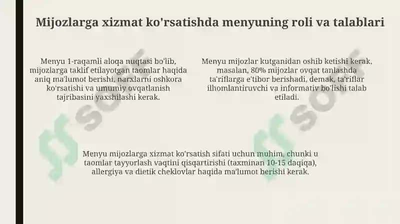 Menyu va uning turlari mijozlarga xizmat koʻrsatishda menyuga qoʻyilgan talablar 4