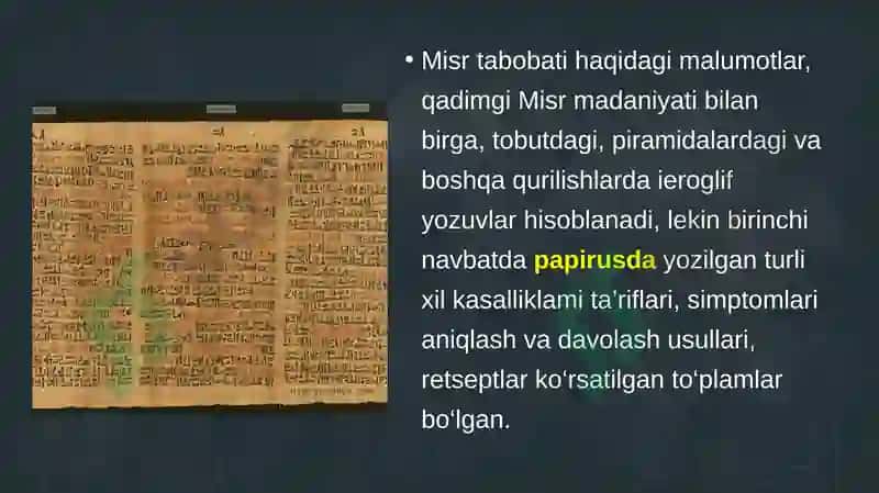 Qadimgi dunyo tibbiyoti tarixi: Qadimgi Mesopotamiya va Qadimgi MisrKarimova Yulduz 4