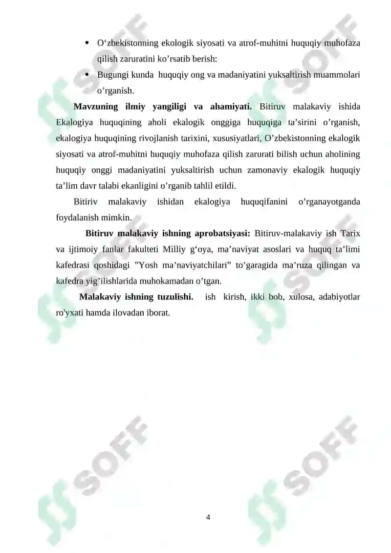 O‘zbekiston Respublikasida ekologiya huquqi rivojlanishing aholi ekologik ongiga ta’siri (BITIRUV  MALAKAVIY ISHI) 4