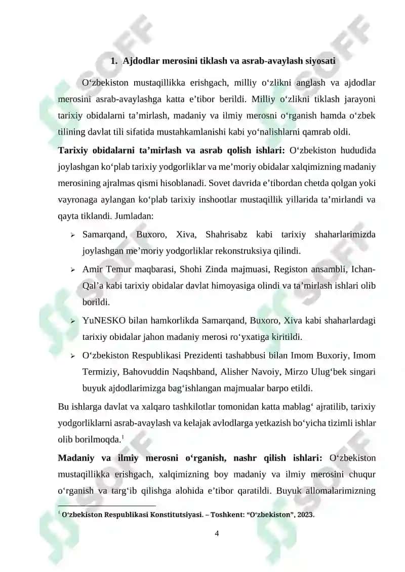 Mustaqillik yillarida ajdodlar merosi va milliy qadriyatlarni tiklash borasidagi amalga oshirilgan islohotlar 4
