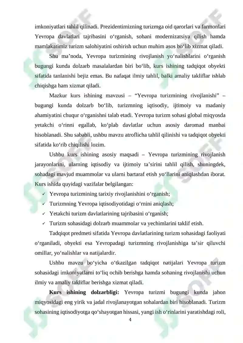 "YEVROPA TURIZMNING RIVOJLANISHI" mavzusida tayyorlangan KURS ISHI 4