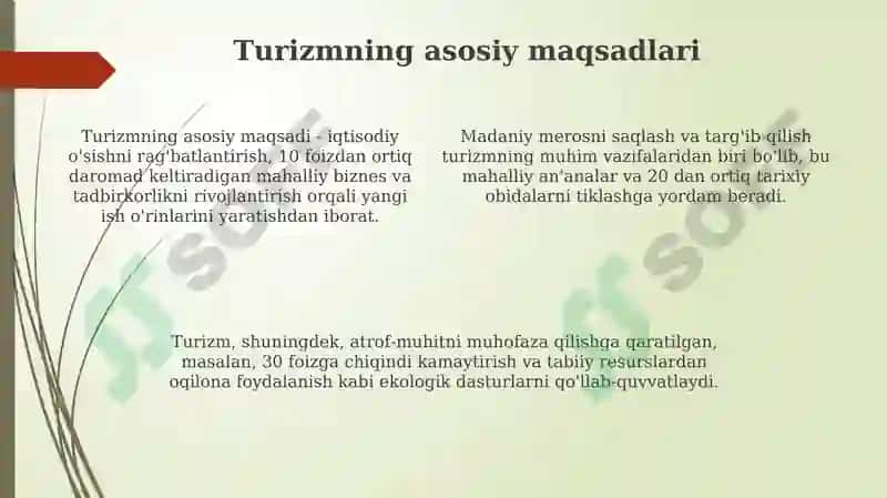 Turizm va mehmondoʻstlikning mazkur maqsadi va vazifalari 4