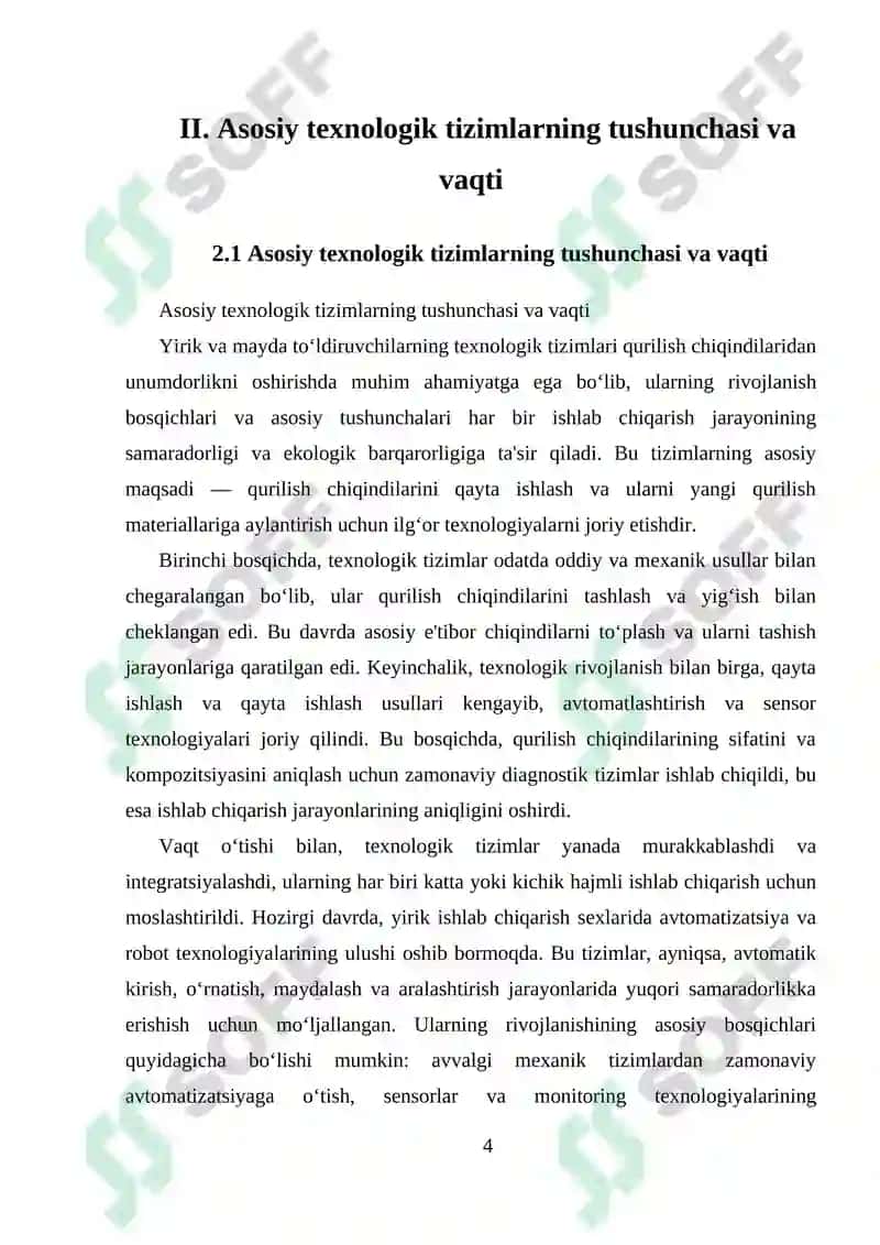 Qurilish chiqindilaridan unumdorligi 250 ming m3 bo‘lgan yirik va mayda to‘ldiruvchilar ishlab chiqarish sexining texnologik tizimlari 4