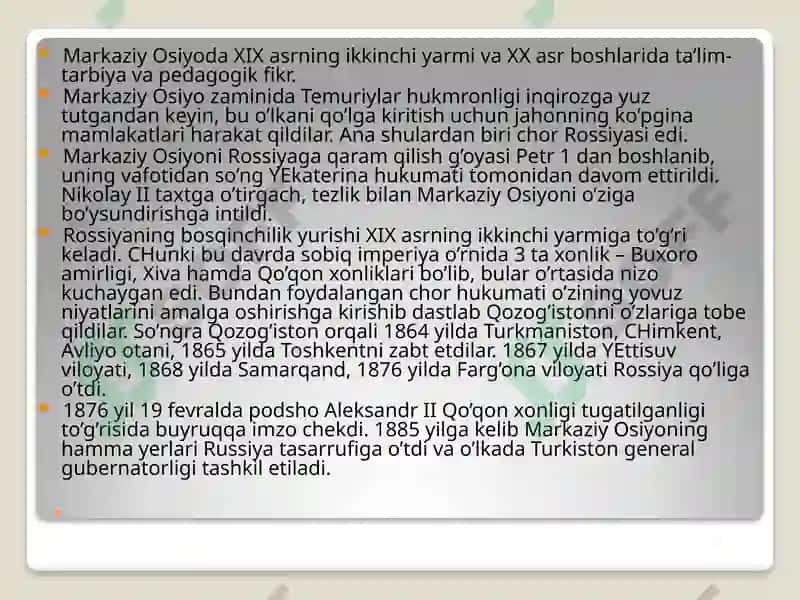 XIX asrning ikkinchi yarmi va XX asr boshlarida Turkiston o'lkasida ta'lim tarbiya va pedagogik firklar 4