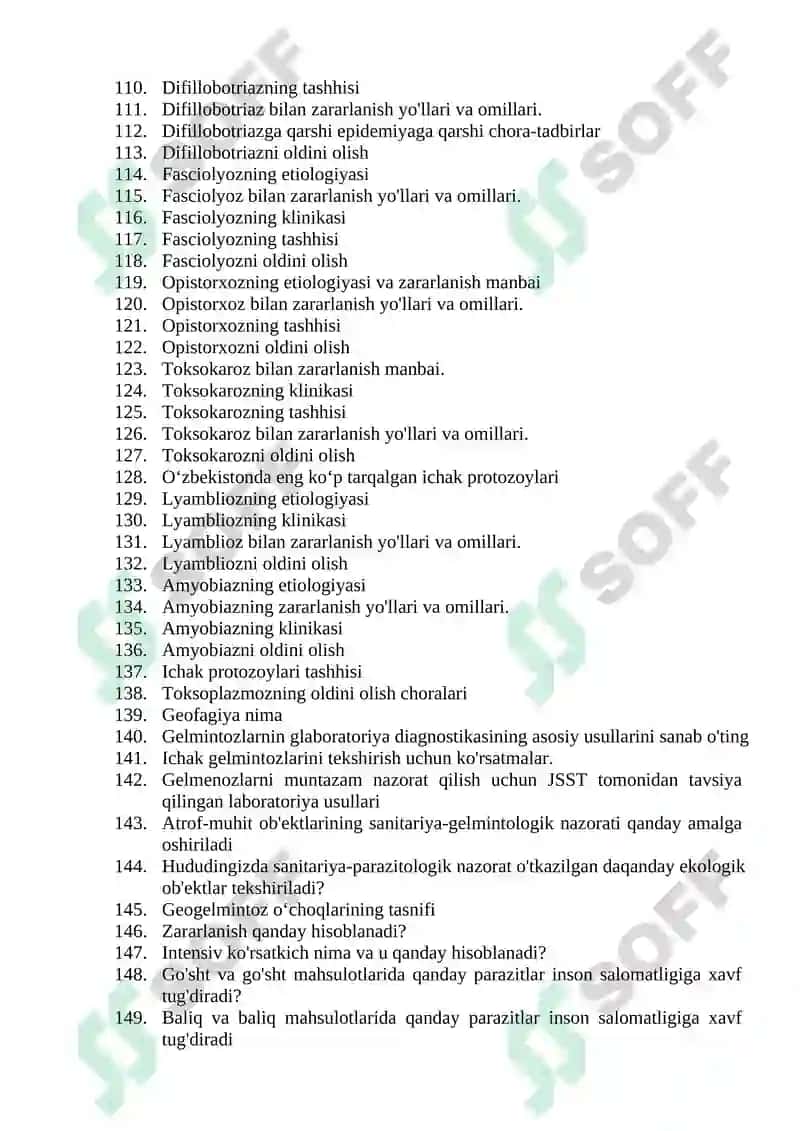 Tibbiy-profilaktika ishi (Parazitolog vrach yordamchilari uchun) mutaxassisligi bo’yicha shakllantirilgan og’zaki savollar ro’yxati 4