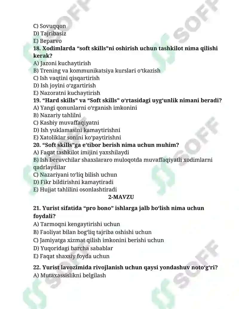 HUQUQQIY KO`NIKMALAR VA METADALOGIYA FANIDAN YUZASIDAN TEST SAVOLLARI 4
