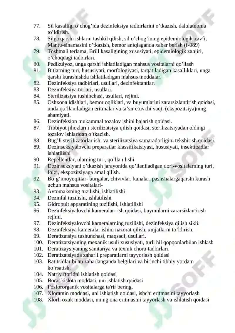 Tibbiy profilaktika ishi (Epidemiolog vrach yordamchilari uchun) mutaxassisligi bo'yicha shakllantirilgan og’zaki savollar ro'yxati 4