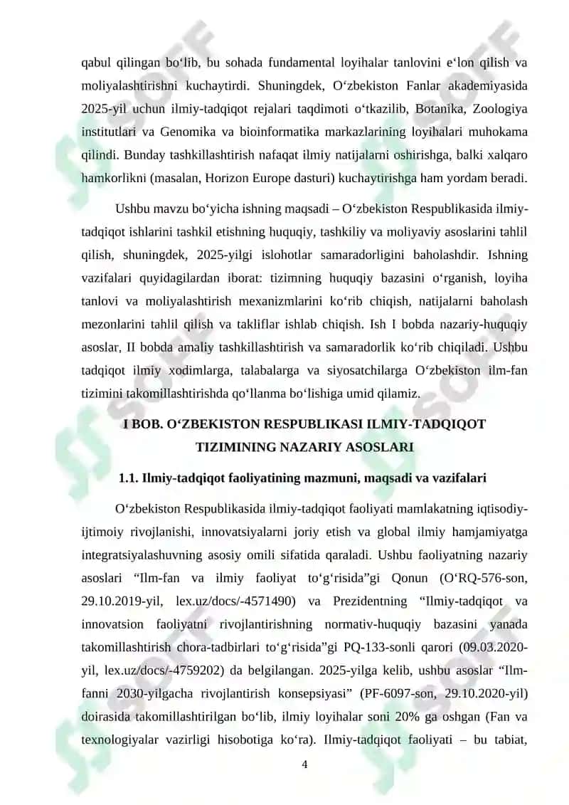 MAVZU: “O’zbekiston Respublikasida ilmiy-tadqiqot ishlarini tashkil etish .” 4