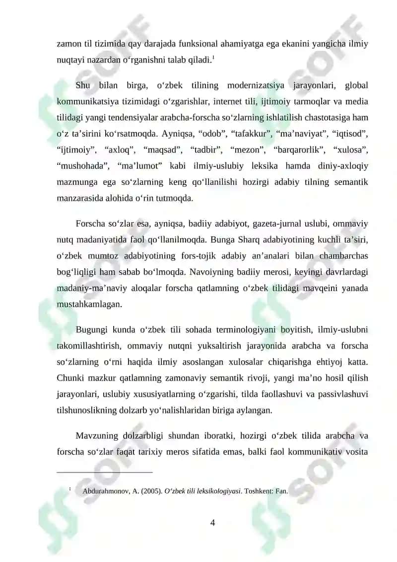 HOZIRGI O‘ZBEK ADABIY TILIDA ARABCHA VA FORSCHA SO‘ZLARNING FAOLLASHUVI 4