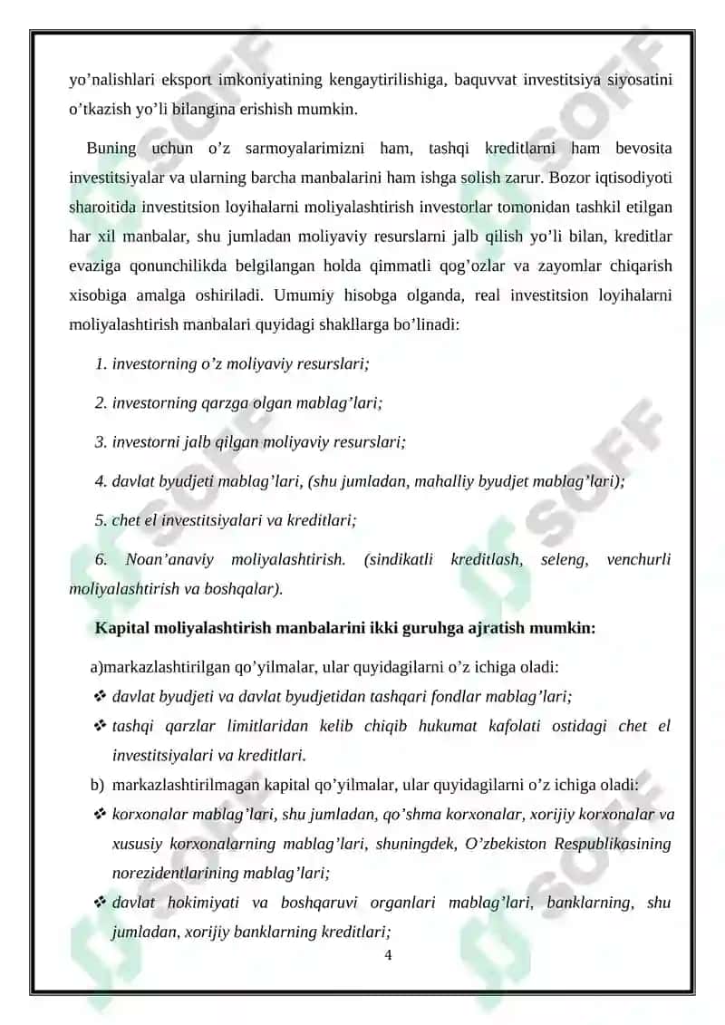 Investitsiya faoliyatini moliyalashtirish manbalari va usullari 4