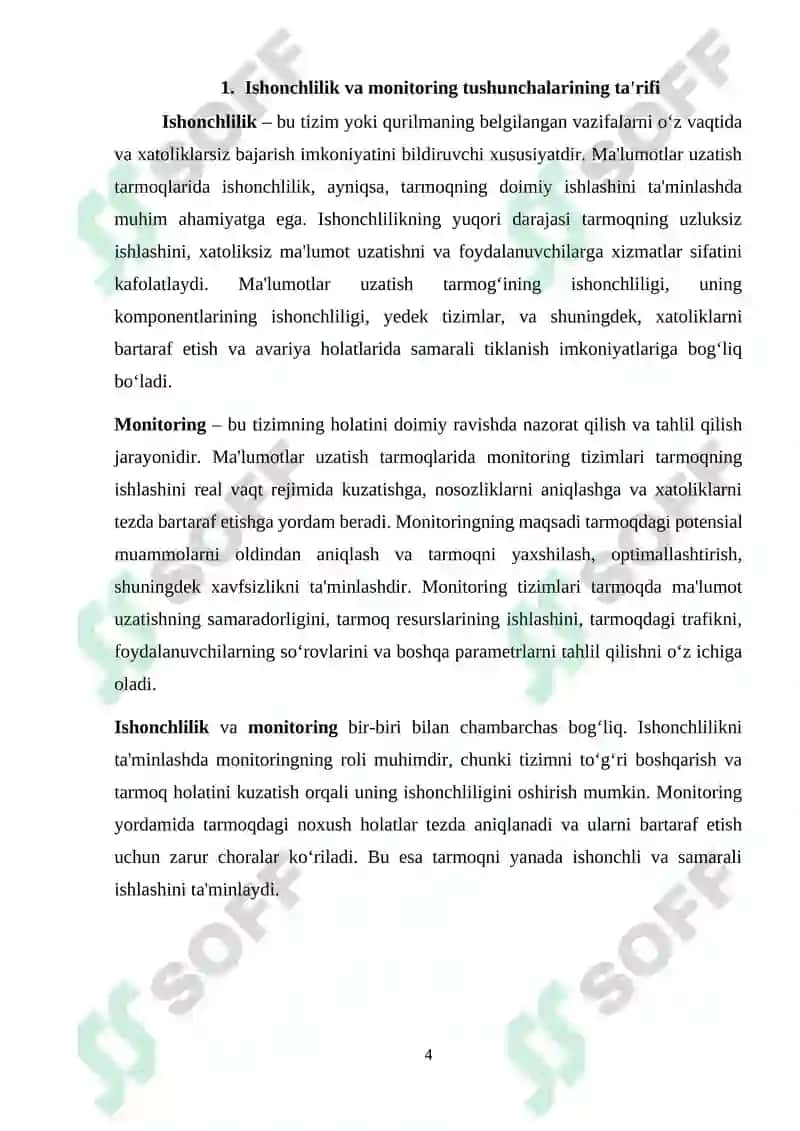 Ma'lumotlar uzatish tarmoqlarining ishonchlilik ko`rsatkichlariga talablar va ularni oshirish usullari. Ma’lumotlar uzatish tarmoqlarida monitoring usullari va protokollari 4