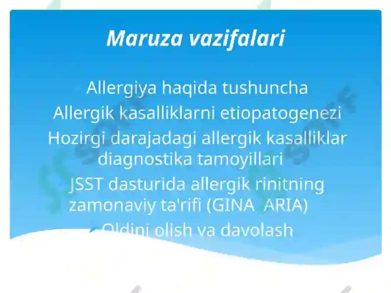 Pollinoz. Allergik rinit. Etiologiya, patogenez, diagnostika va davolash. UASh zamonaviy taktikasi 4