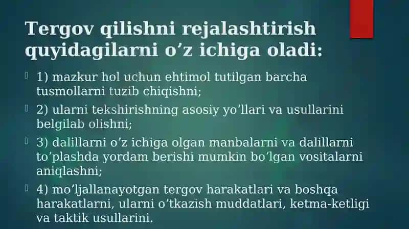 Jinoyat ishi boʼyicha tergov qilish rejasi 4