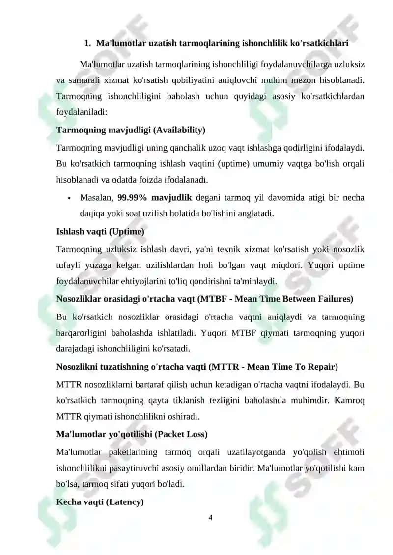 Ma'lumotlar uzatish tarmoqlarining ishonchlilik ko`rsatkichlariga talablar va ularni oshirish usullari. Ma'lumotlar uzatish tarmoqlarida monitoring usullari va protokollari 4