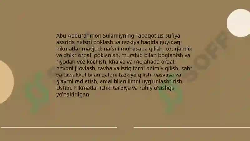 Abu Abdurahmon Sulamiyning ,, Tabaqot us-sufiya" asarida ifodalangan hikmatlar 4