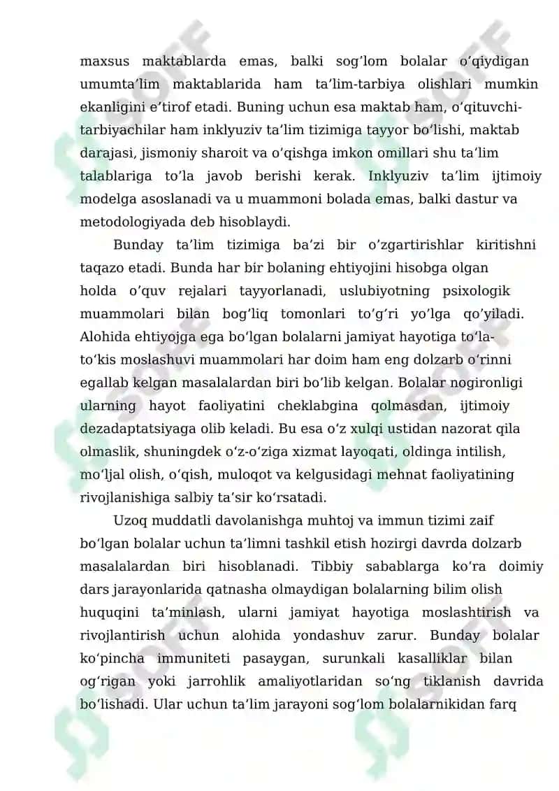 Immunalogiya va uzoq muddatli davolanishda boʻlgan bolalarda maktabgachа va umumiy o'rta ta'limni tashkil etish usullari. 4