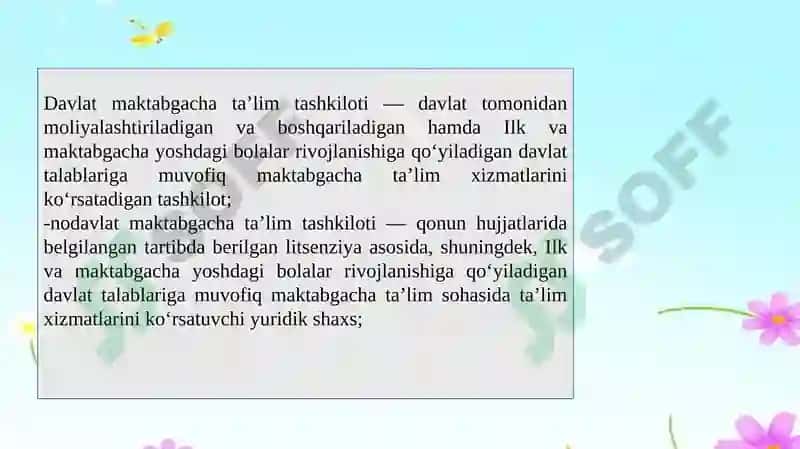 Bolalarga davlat va nodavlat maktabgacha tashkilotlarida ta’lim-tarbiya berish. 4