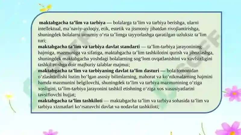 O’zbekiston Respublikasining “Maktabgacha ta’lim  va tarbiya to’g’risidagi qonuni”ni amaliyotga tadbiq etish 4