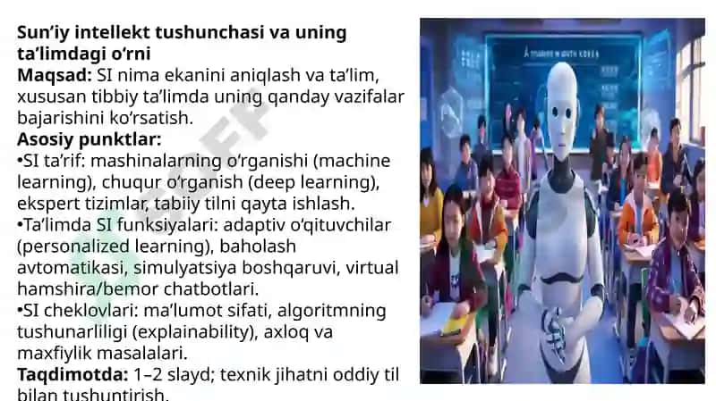 Sun’iy intellekt yordamida ta’lim maqsadlarida talabalarnivirtual o‘qitishda simulyatsiyalar yaratish orqali diagnostikko‘nikmalarni o‘rgatish va klinik qarorlar qabul qilishi. 4